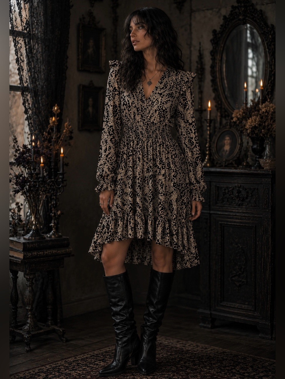 The Korner Floral Paisley Mini Ruffle Dress Small Dark Boho Whimsigoth Academia